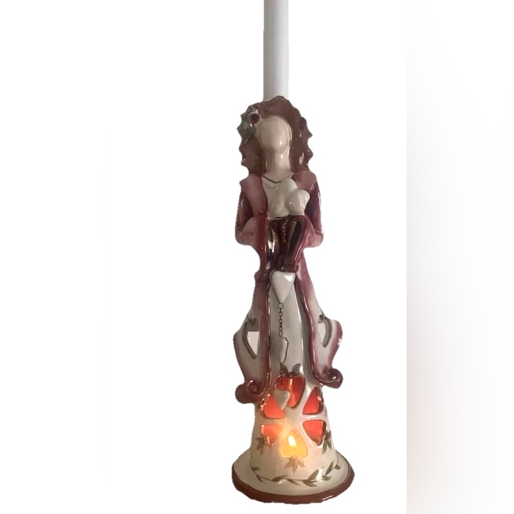 Candle Stick / Tea Light Holder Ceramic Heart Lady Decorative Blue Skye 12” Tall